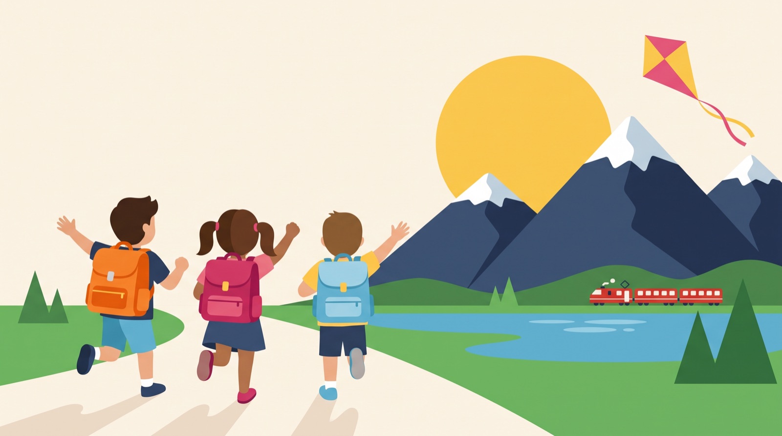 Trois enfants avec leur sac d'école courent vers les montagnes suisses, le lac et le petit train rouge